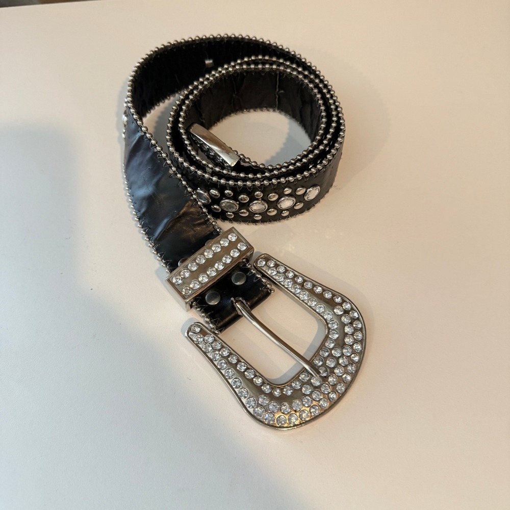 Y2K Black Rhinestone Western Belt Silver Studded Ball Chain Trim Crystal Buckle